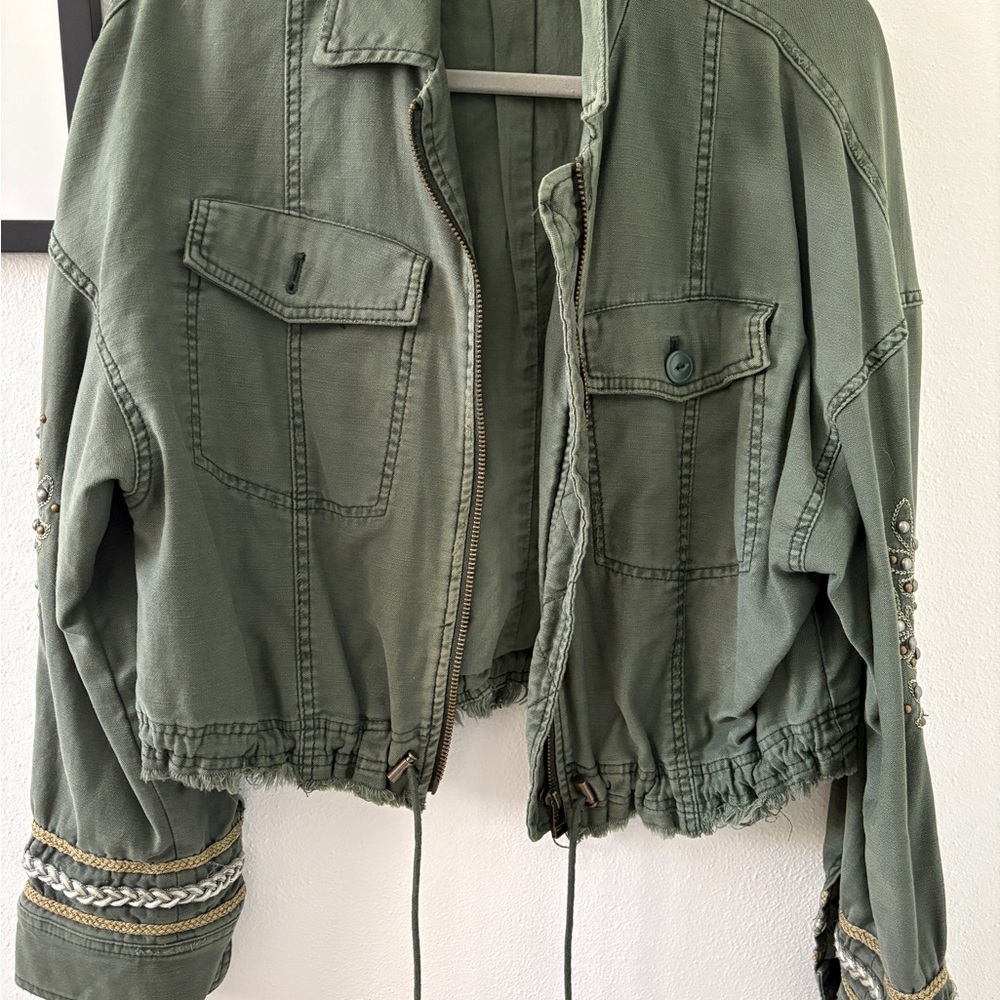 Free People Green Utility Jacket with Embellished Hem